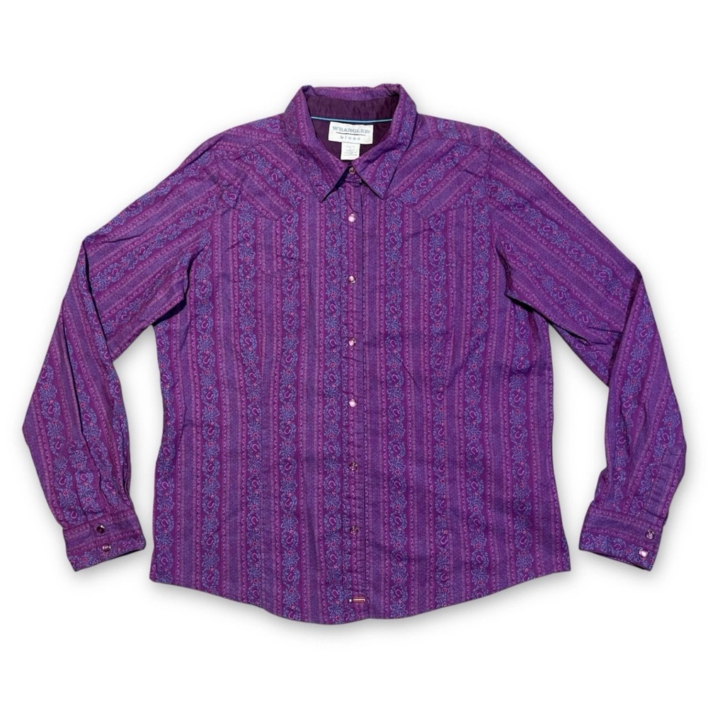 Vintage Wrangler Blues Horseshoe Print Button Shirt Purple Blue Women’s Large
